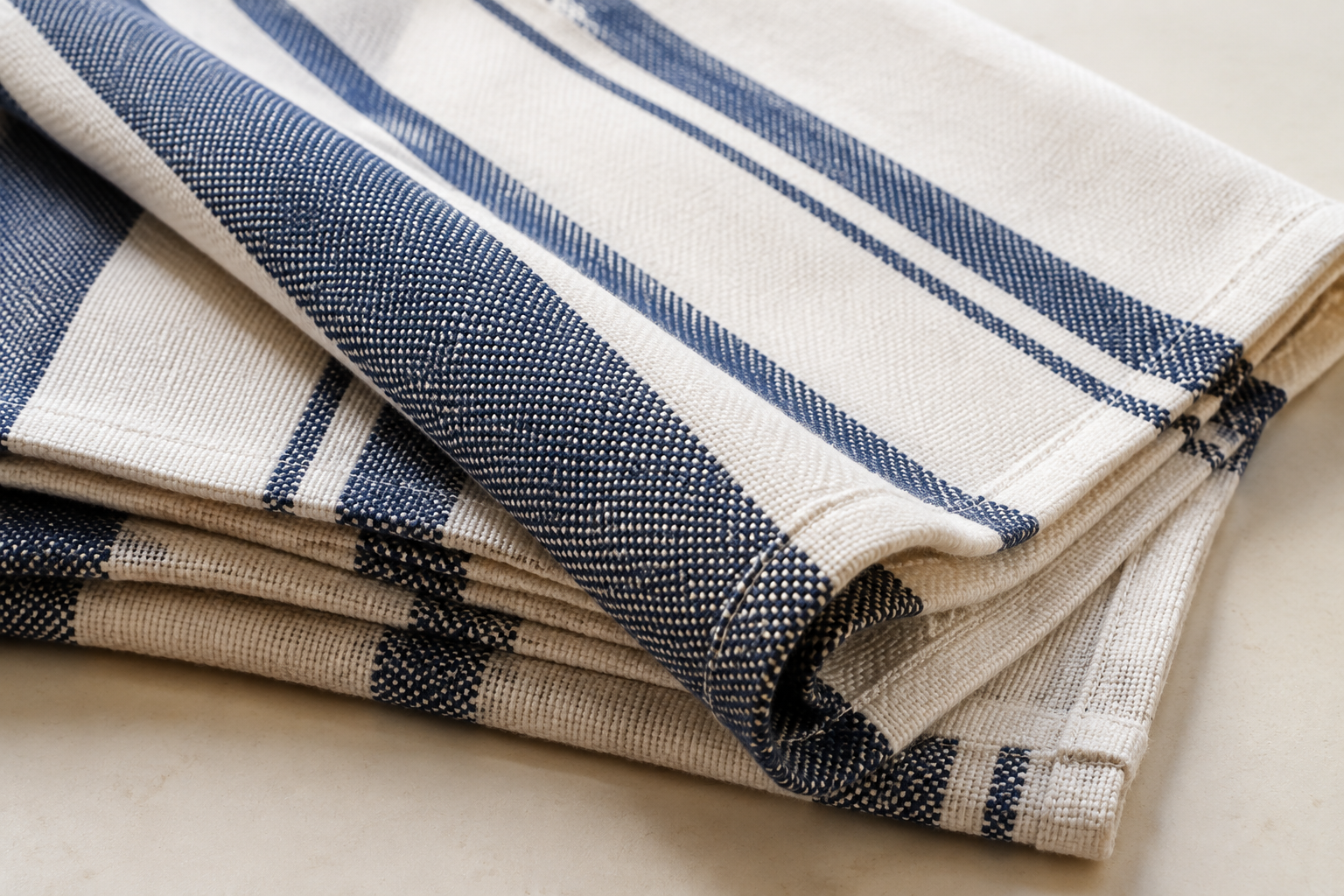 Close view of blue-striped flat-woven cotton kitchen towel texture