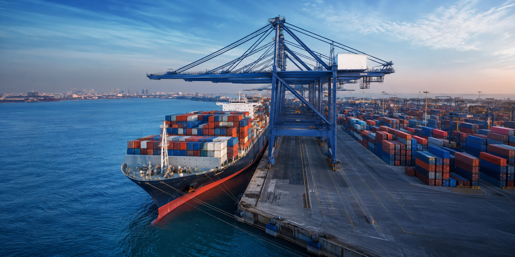 Container vessel, gantry cranes and cargo stacks at an international port